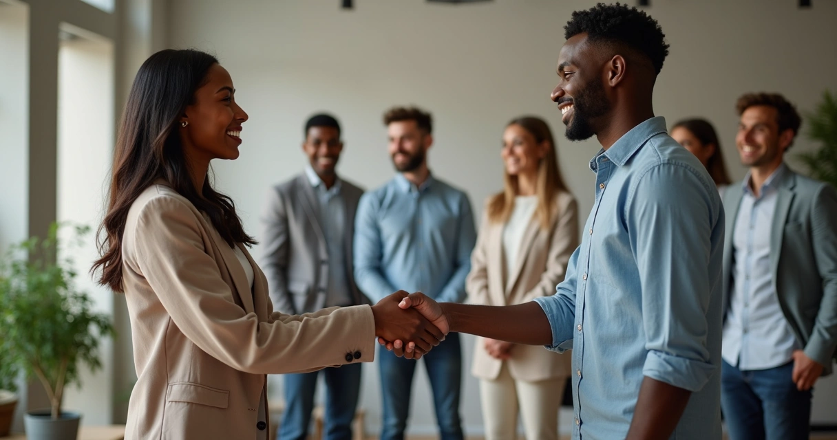 Duas pessoas resolvendo conflito com gesto de aperto de mãos 