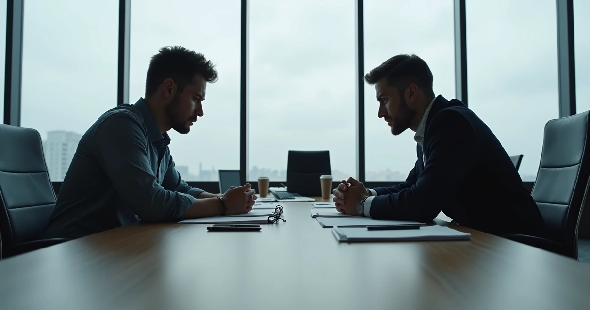 Duas pessoas sentadas em lados opostos de uma mesa, olhando para baixo. 