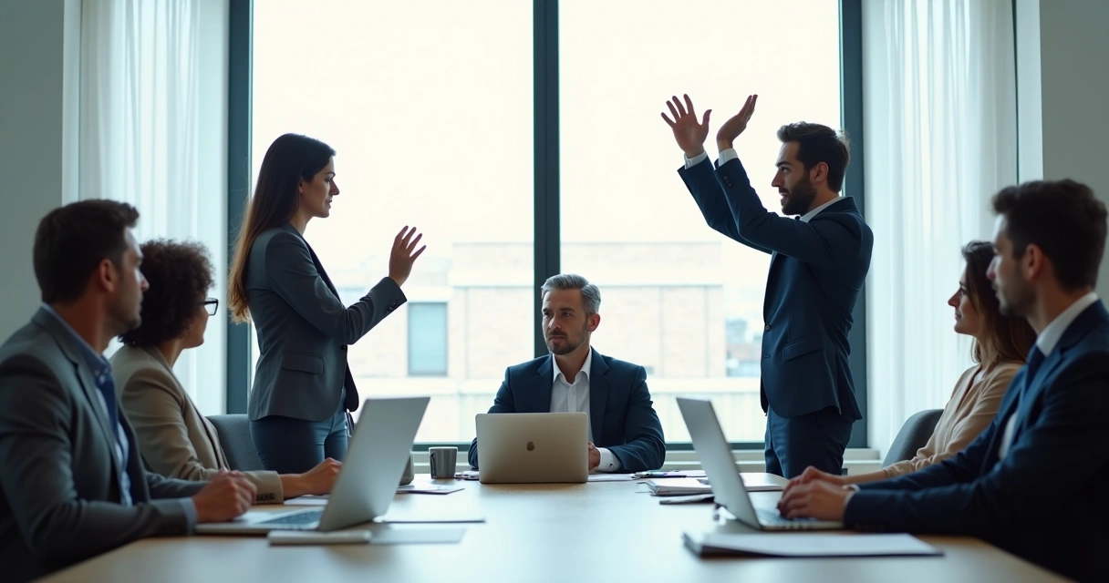 Dois profissionais discutindo próximos a uma mesa reunida, expressão de tensão 