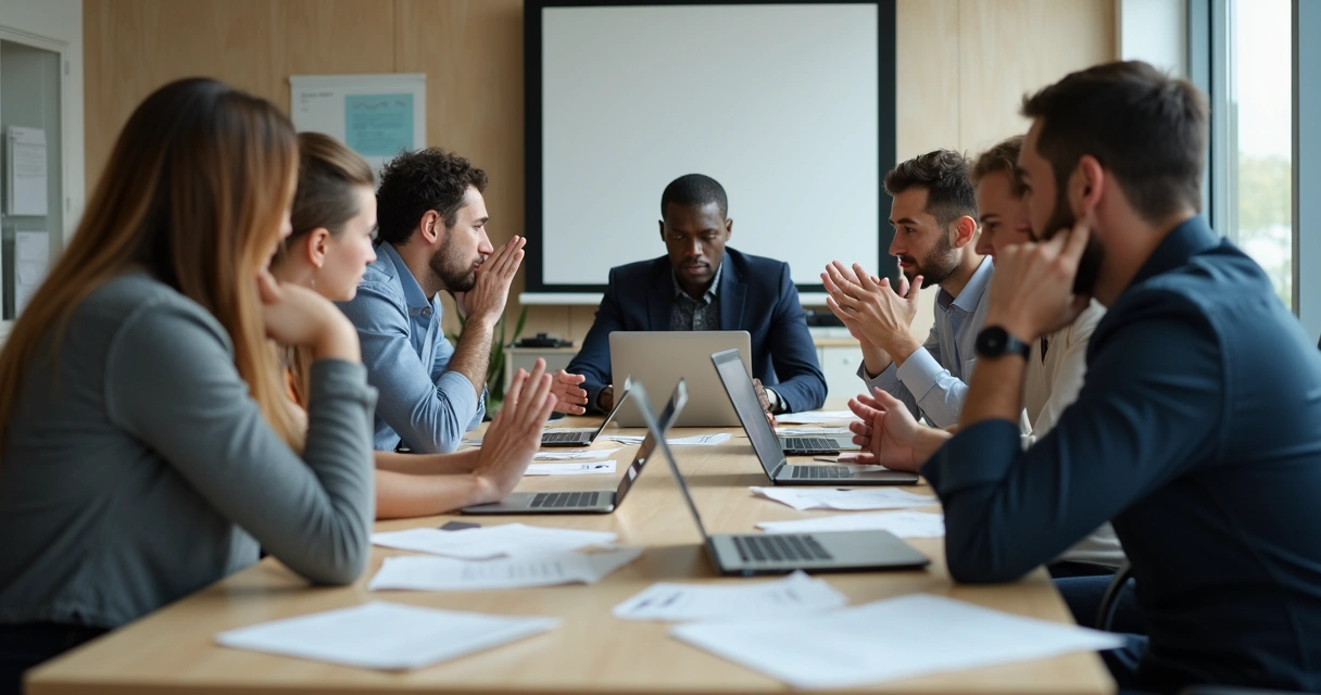 Equipe de trabalho discutindo em reunião