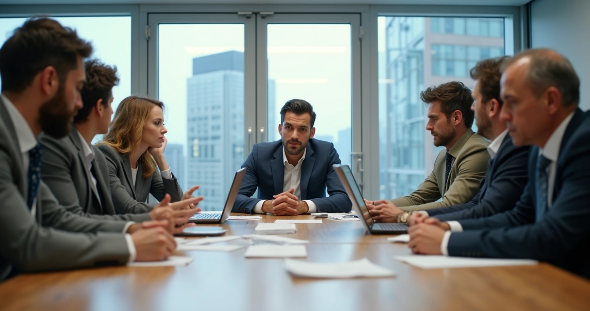 Equipe de diferentes idades em uma reunião, tensão visível no ar 