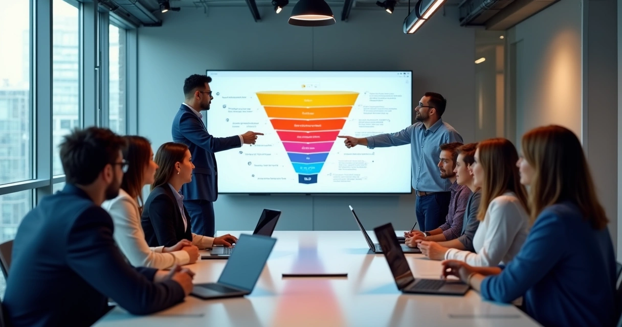 Como alinhar o time comercial interno para não competir com parceiros Equipe comercial e parceiros analisando funil de vendas em uma sala de reunião