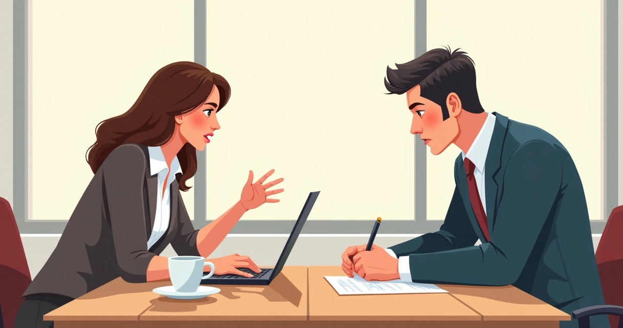 Empregador e empregado discutindo termos de contrato de trabalho em mesa de escritório, documentos e notebook à vista. 