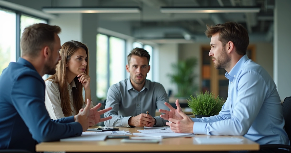 Dois membros de equipe discutem, líder observa sem intervir 