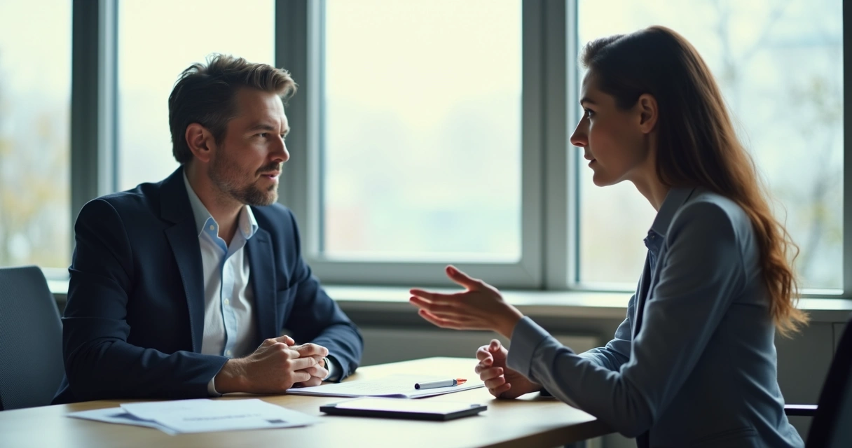 Duas pessoas sentadas à mesa, discutindo calmamente em um escritório, com expressões de atenção. 