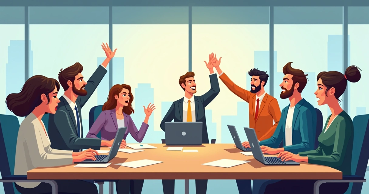 Pessoas em uma mesa de reunião, com expressões tensas, gesticulando e discutindo. 