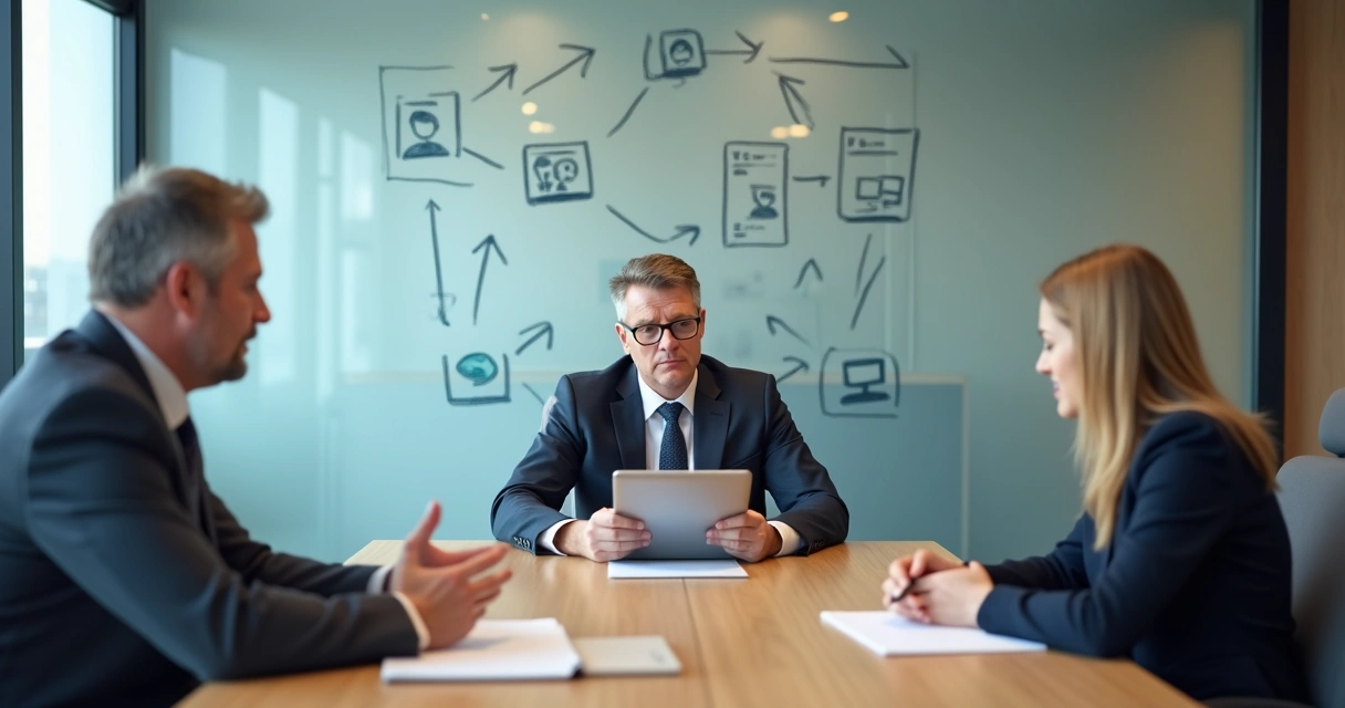 Mesa de reunião com duas pessoas em conflito mediadas por consultora analisando estrutura organizacional ao fundo 
