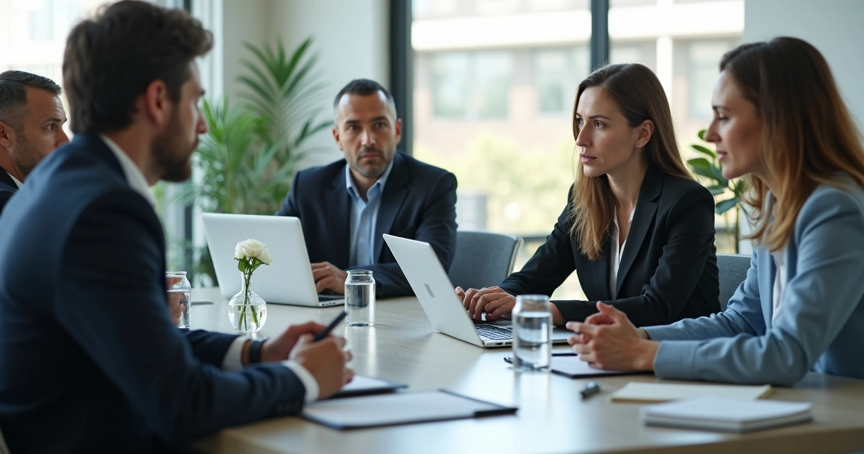 Dois profissionais discutindo enquanto mediador observa em mesa de reunião 