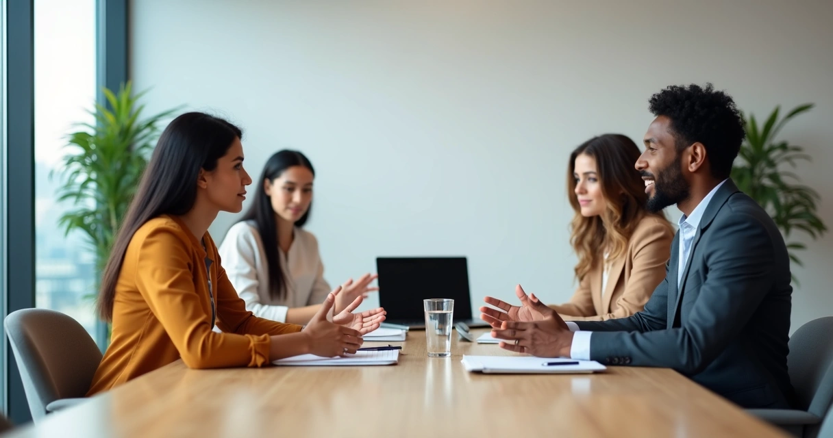 Colegas de trabalho em reunião conciliadora em escritório moderno 