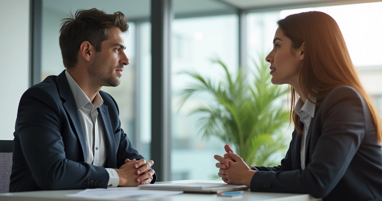 Dois colegas solucionando conflito em ambiente de trabalho 