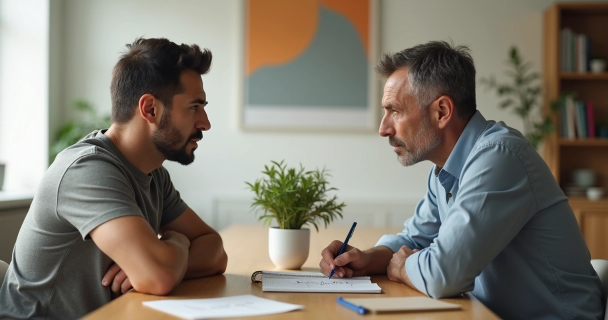Duas pessoas em diálogo calmo transformando conflito em aprendizado pessoal 