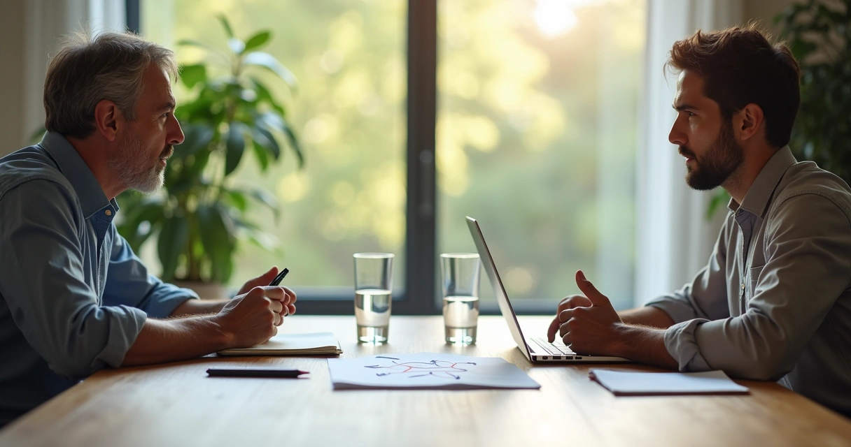 Duas pessoas em lados opostos de uma mesa se aproximando para dialogar, com luz suave e ambiente calmo 