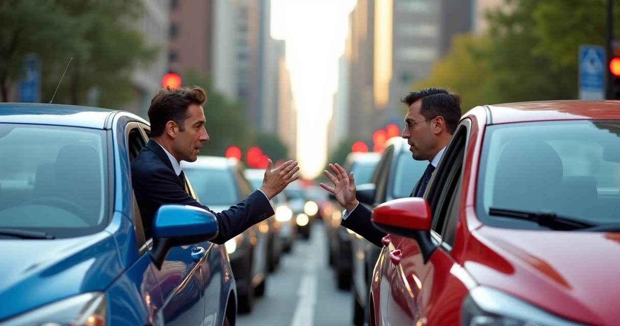 Motoristas discutindo em avenida movimentada da cidade 