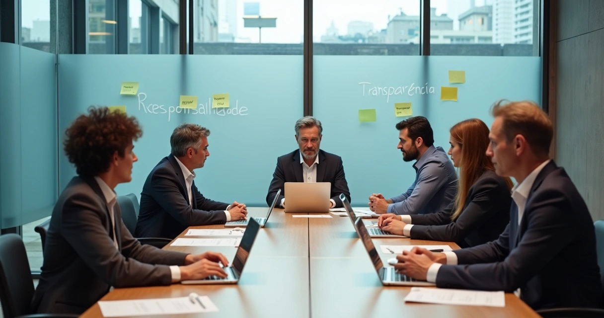 Reunião em escritório com equipe dividida em lados opostos e mediador no centro buscando consenso 