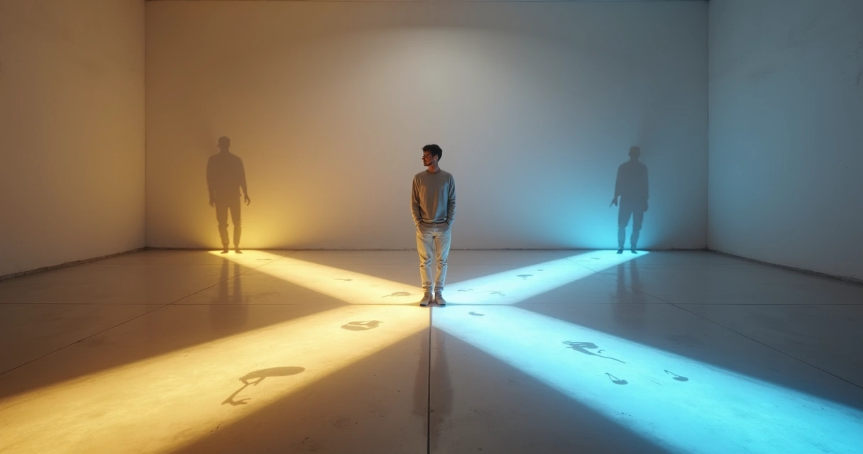 Pessoa em encruzilhada com duas sombras em direções opostas 