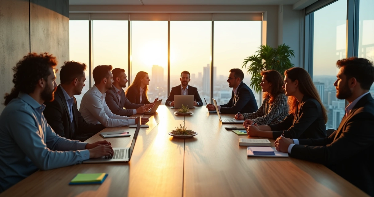 Equipe e liderança em reunião tensa separados por mesa com luz e sombra contrastantes 