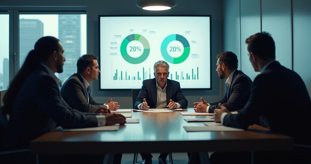 Executivos discutindo em sala de reunião com expressão séria diante de gráficos 