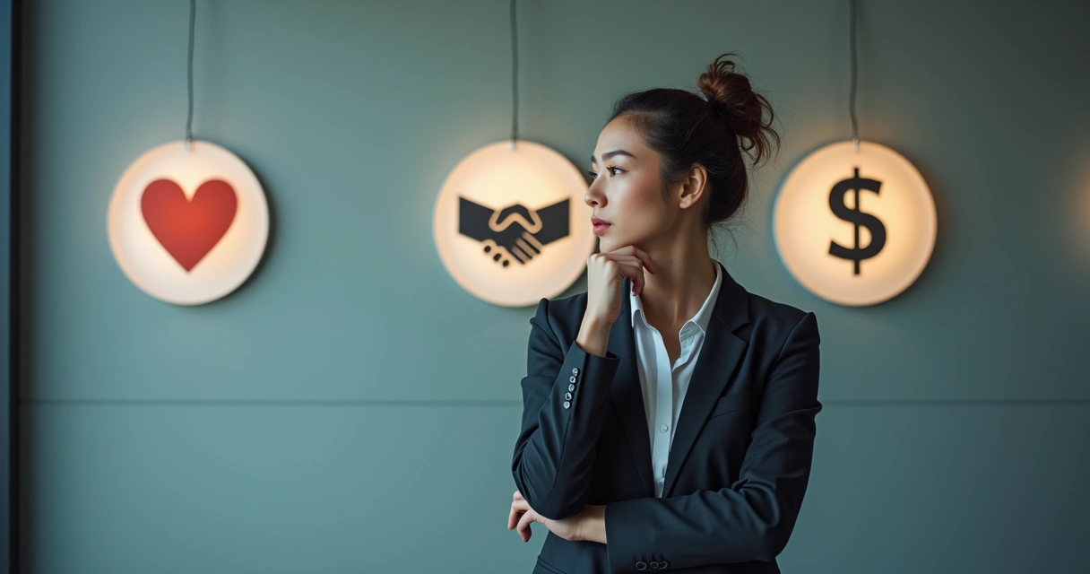 Pessoa refletindo frente a uma parede com símbolos diferentes de valores 