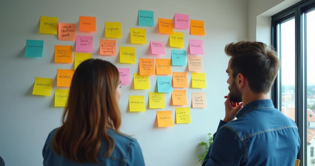 Duas pessoas olhando para uma parede com valores diferentes escritos em post-its 