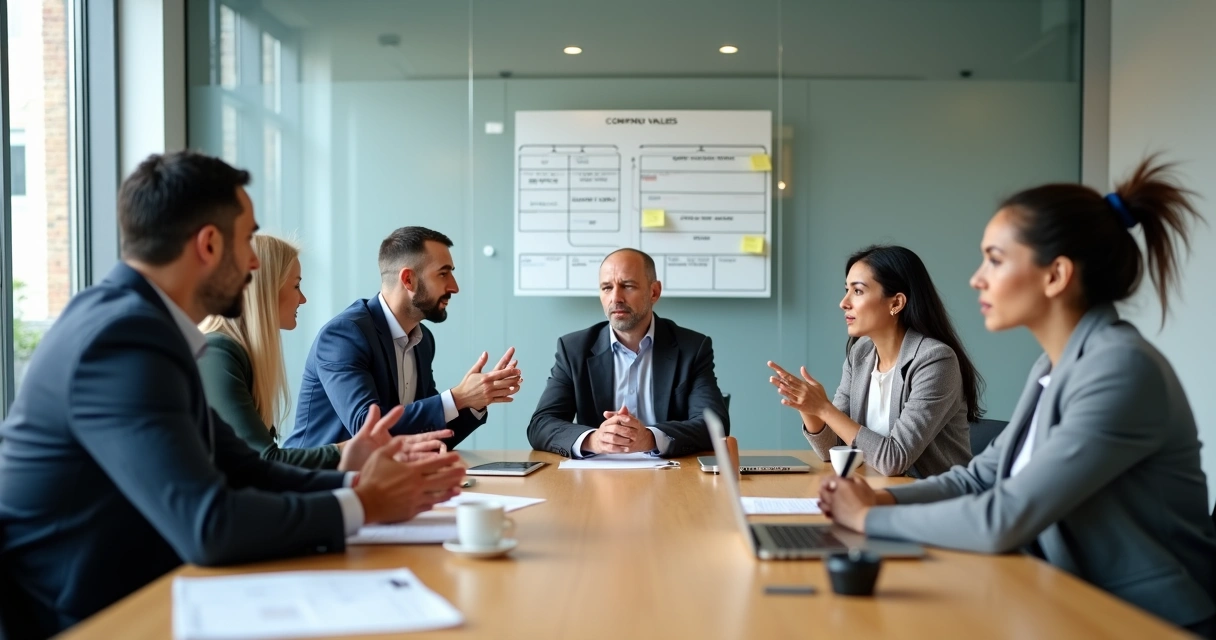 Colegas de trabalho em reunião com expressão de divergência e busca de entendimento 