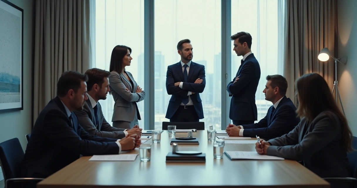 Equipe em discussão em uma sala de reunião corporativa
