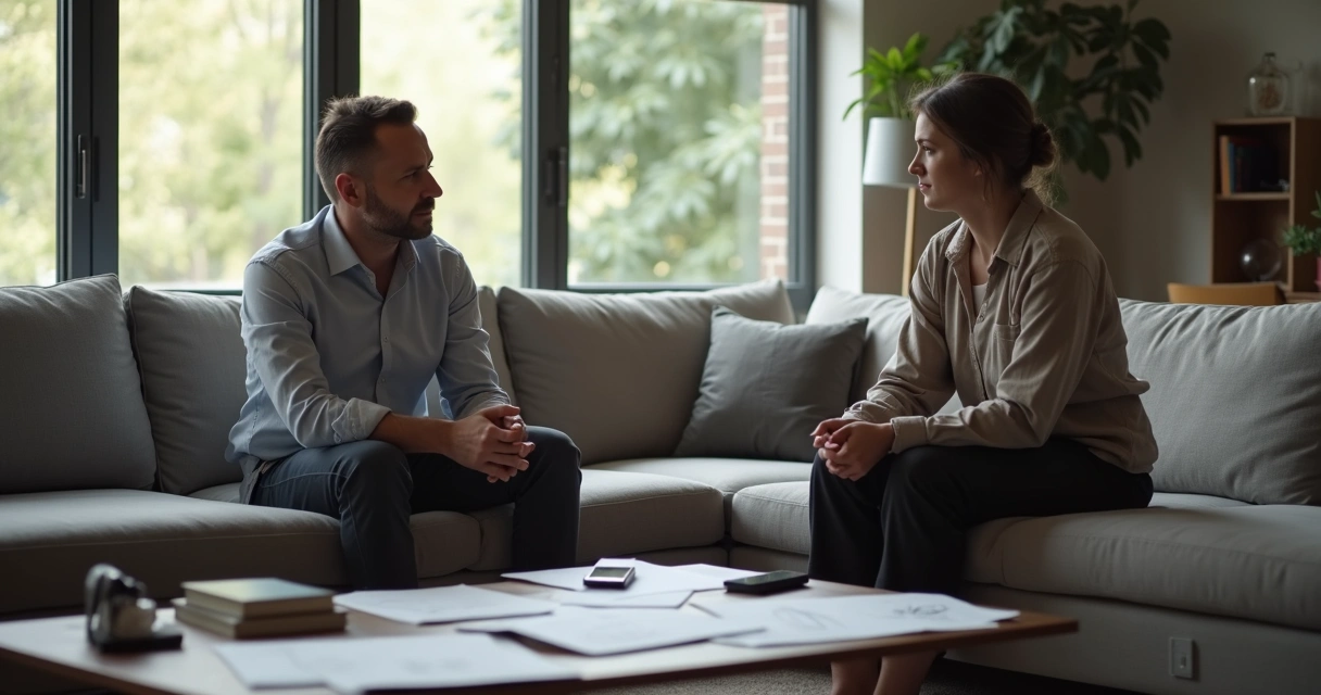 Duas pessoas sentadas em uma sala, conversando calmamente em meio a um ambiente tenso, focando no diálogo.