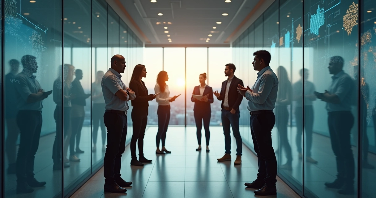 Pessoas de culturas diferentes em lados opostos de um corredor moderno 