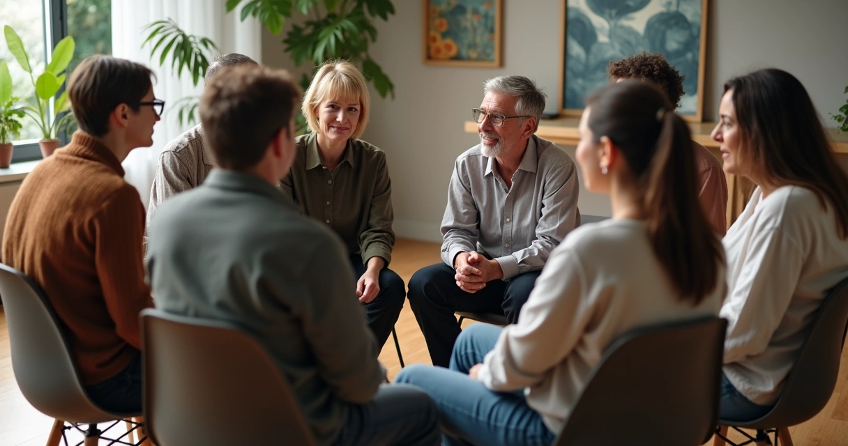 Pessoas em círculo com expressões de conflito e reconciliação 