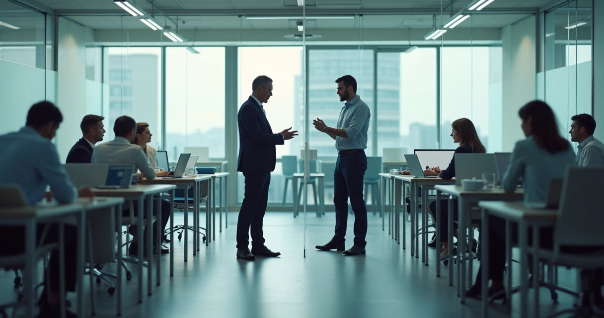 Equipe de escritório dividida entre conflito visível e emoções contidas 