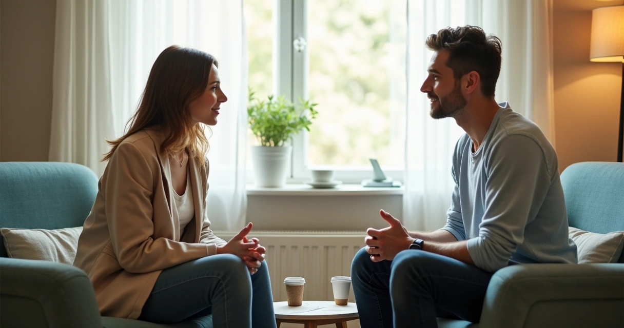 Duas pessoas sentadas frente a frente conversando em uma sala tranquila 
