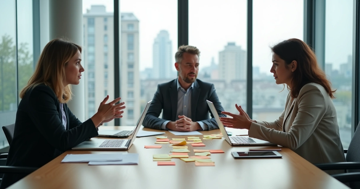Reunião de trabalho com duas colegas em conflito e mediador calmo 