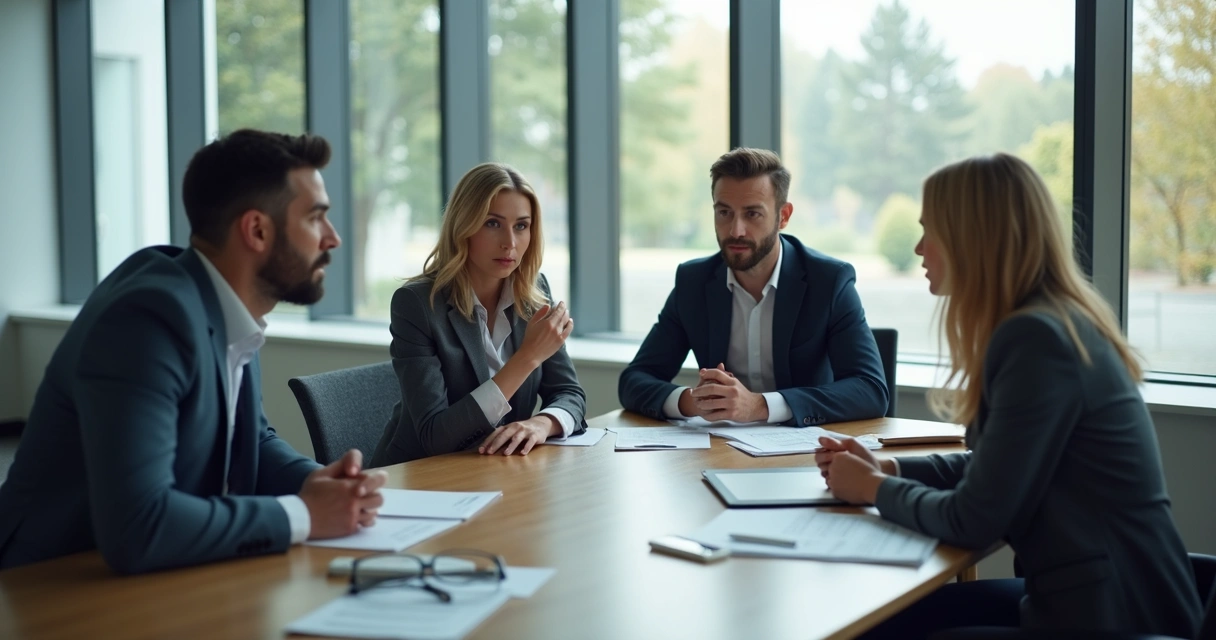 Equipe de trabalho em discussão, com expressões tensas, em uma sala de reunião moderna 