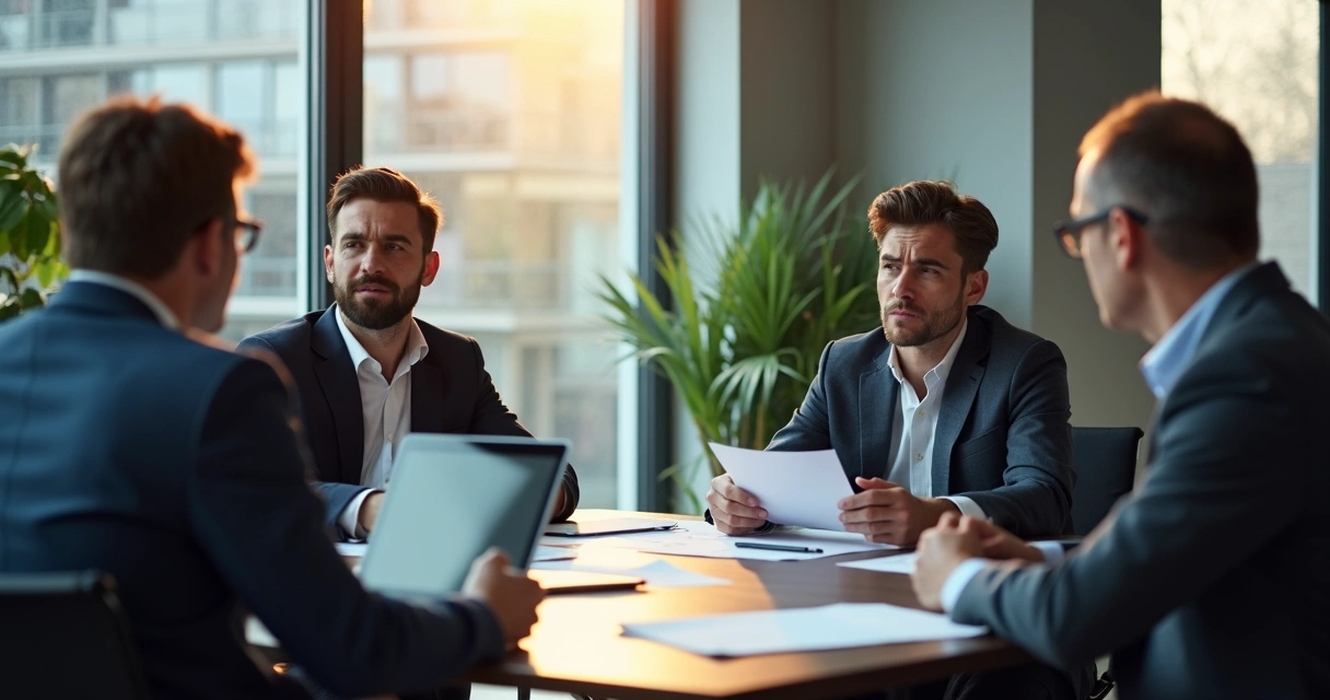 Equipe de trabalho em sala de reunião com expressões de tensão e desconforto