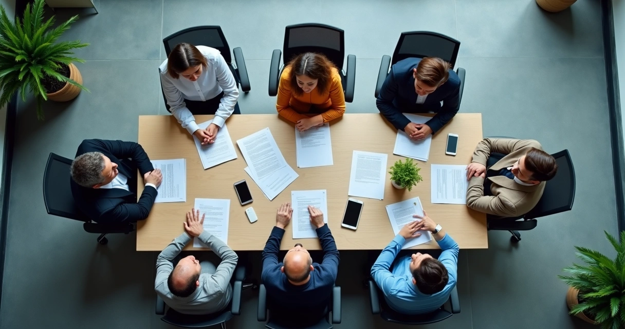 Colaboradores em mesa de reunião com expressões sérias e distanciamento