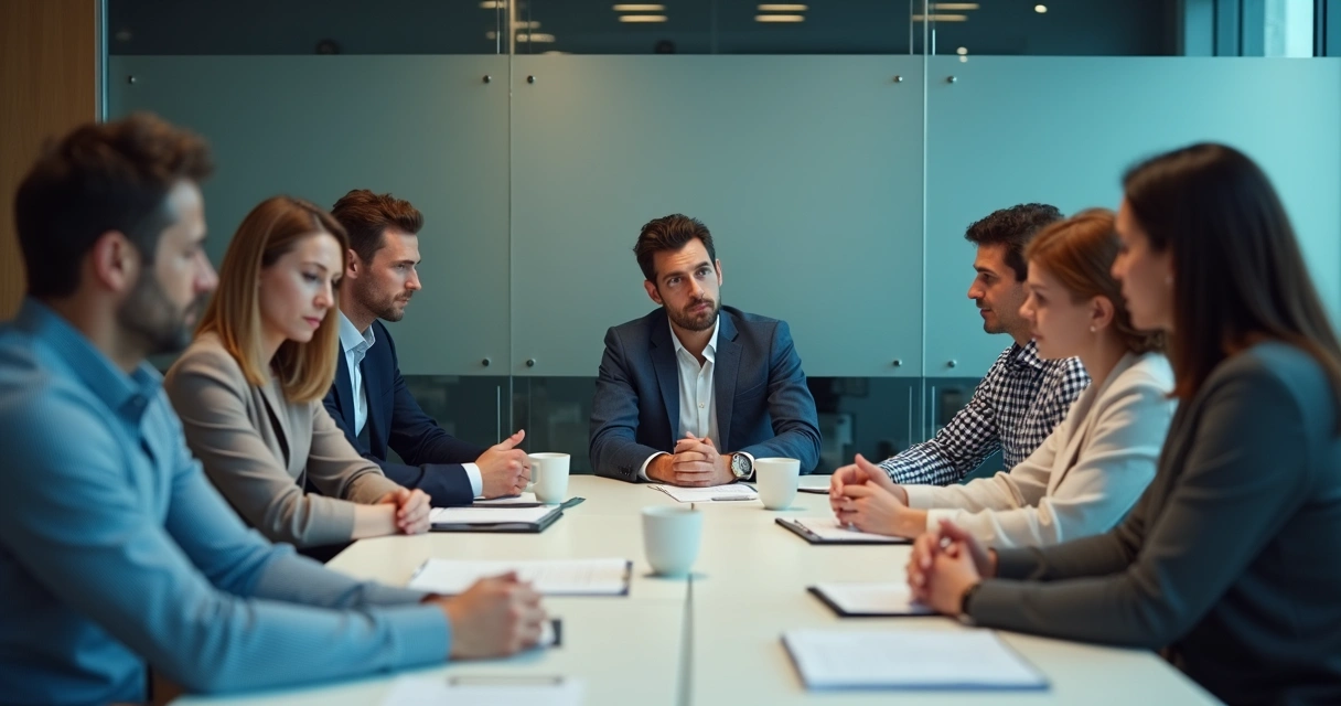 Equipe em sala de reunião com expressões de tensão e desconforto. 