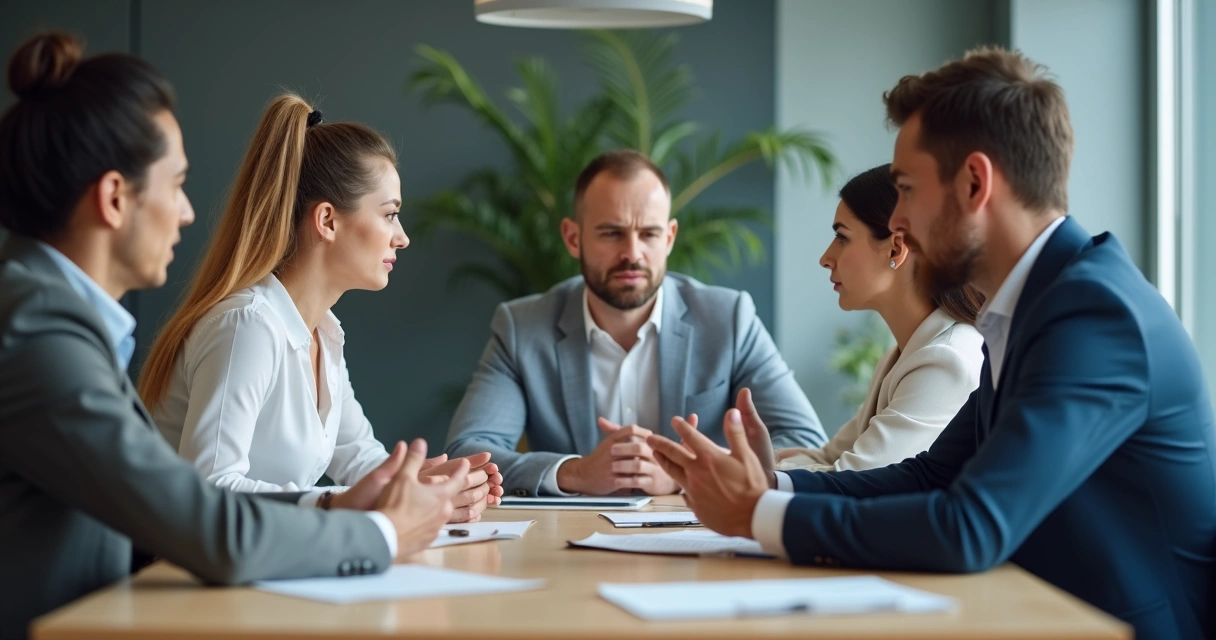 Colegas de equipe sentados à mesa, dois em discussão enquanto outros observam em silêncio. 