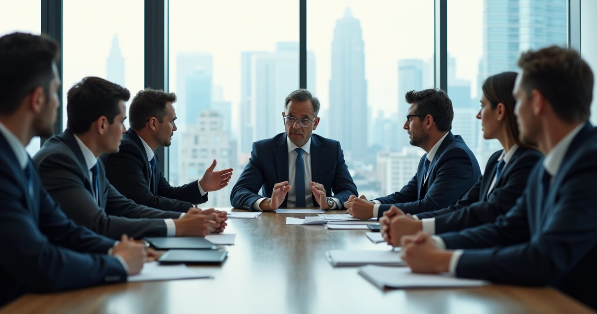 Equipe reunida ao redor de uma mesa com expressões tensas 