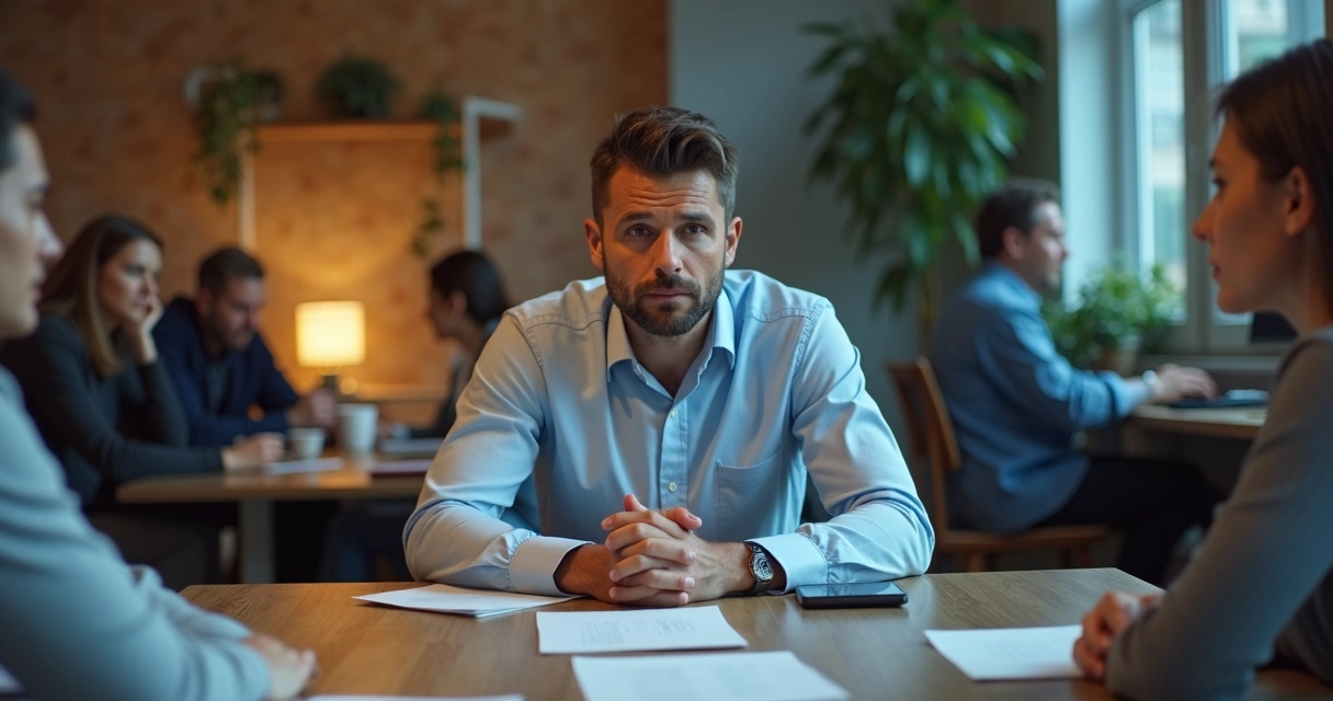 Homem com expressão séria sentado entre um grupo de pessoas, dividido entre ambiente doméstico e de escritório 