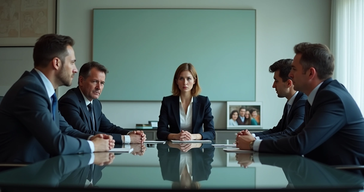 Reunião tensa entre membros de família em ambiente corporativo. 