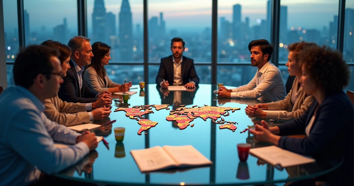 Equipes de países diferentes alinhando peças de quebra-cabeça em sala de reunião global 