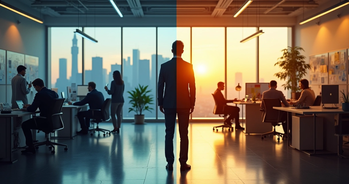 Executivo dividido entre calma e caos refletido na cultura do escritório 