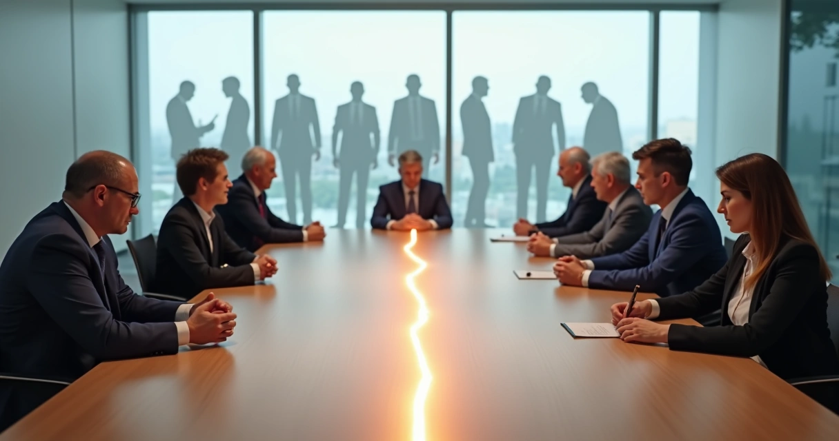 Equipes em reunião separadas por rachadura simbólica no escritório 