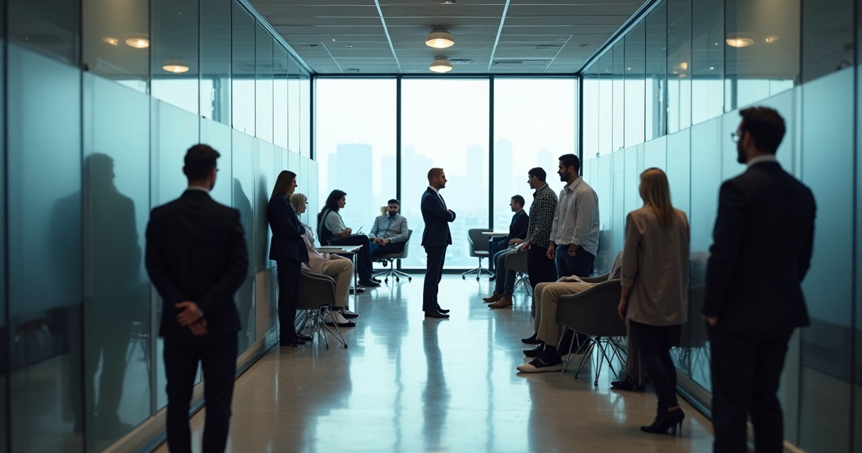 Grupos de pessoas em uma empresa olhando em direções opostas, criando uma divisão sutil no ambiente.