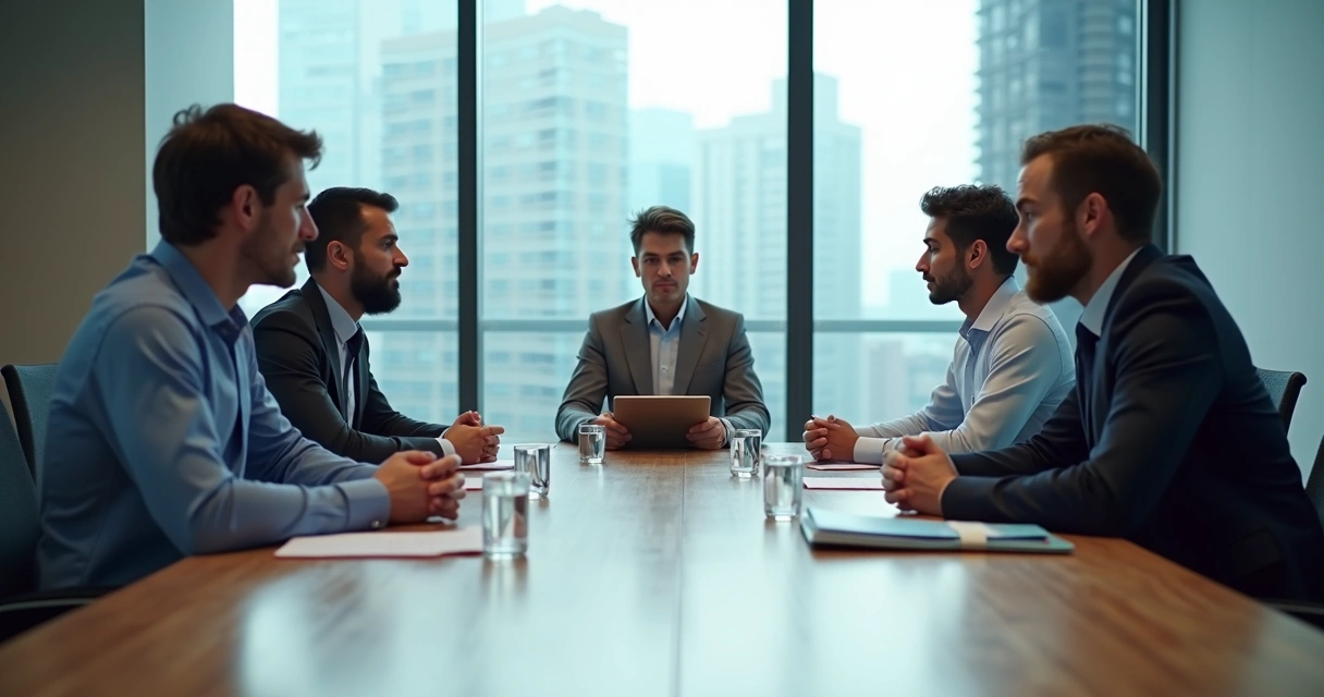 Equipe de trabalho em reunião tensa com divisões invisíveis no escritório 