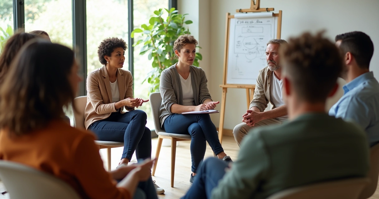 Grupo sentado em círculo debatendo e escutando uns aos outros 