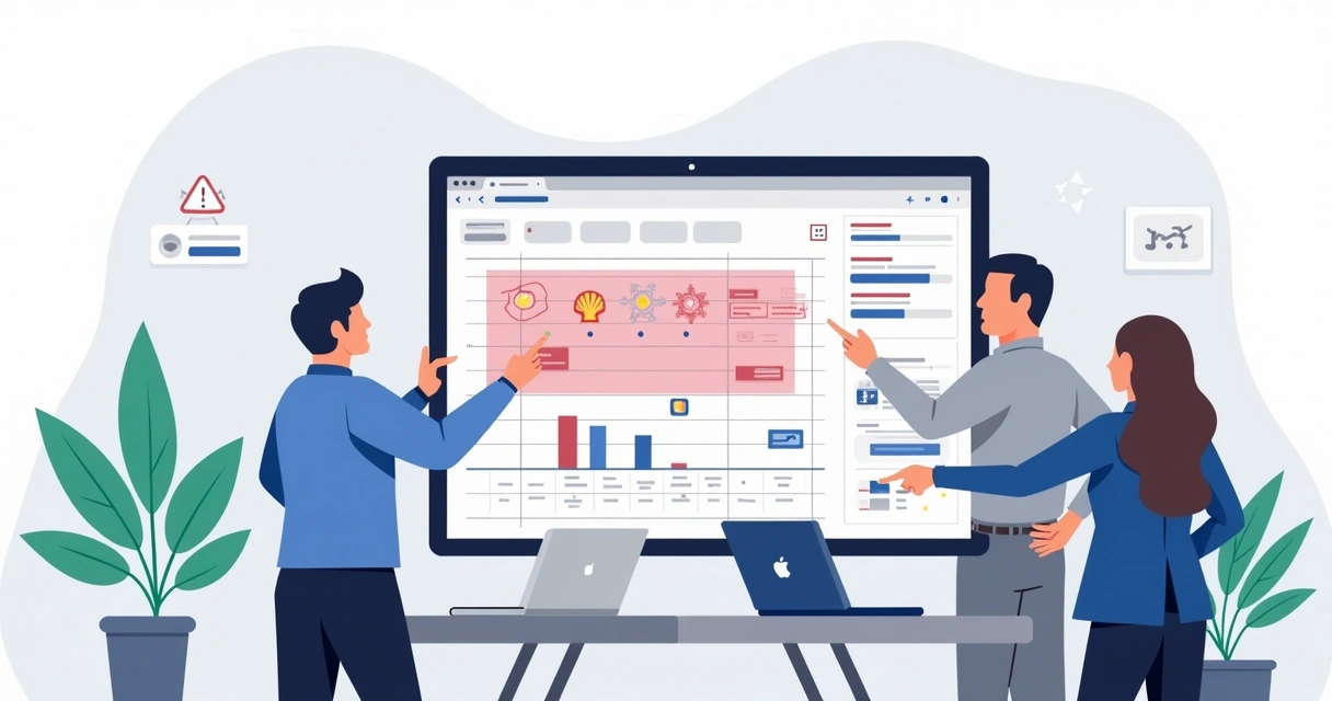 Ilustração corporativa de equipe solucionando conflitos de recursos no Microsoft Project com gráficos e calendário 
