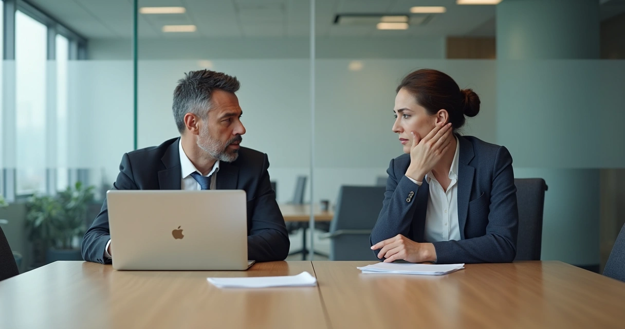 Duas pessoas sentadas lado a lado, mas olhando para direções opostas, em uma sala de reunião 