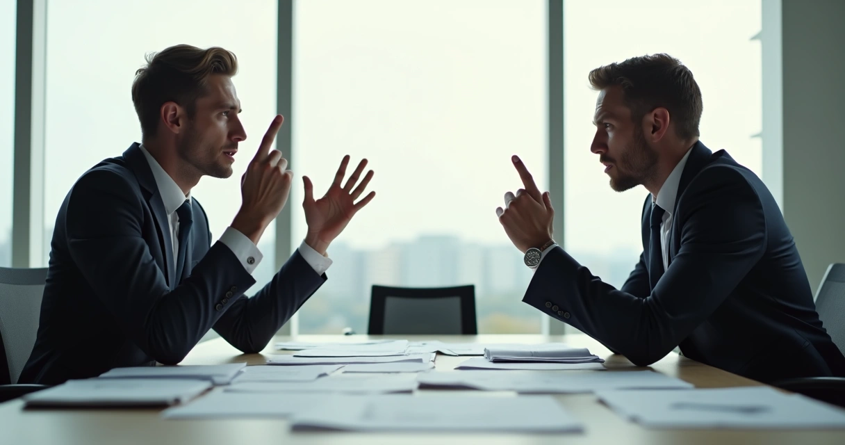 Dois colegas de trabalho discutindo em uma sala de reunião 