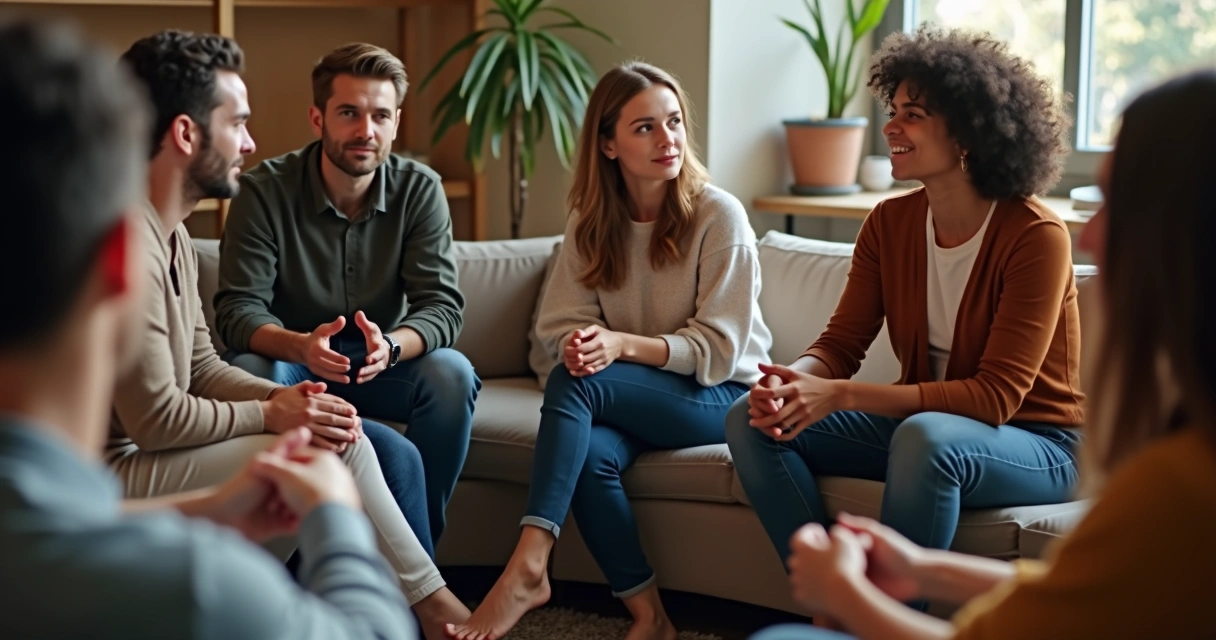 Grupo de pessoas conversando em círculo de forma aberta 