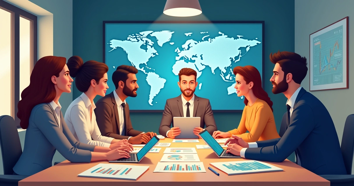 Equipe de diferentes setores reunida ao redor de uma mesa discutindo tecnologia 